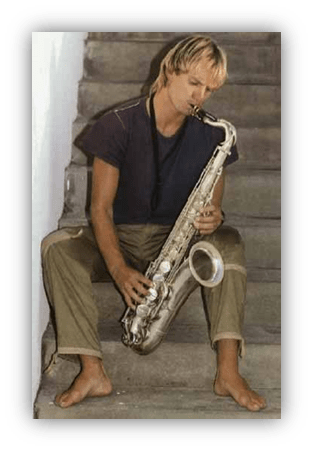 "Man playing saxophone on stairs."
