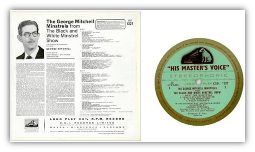 "George Mitchell Minstrels LP cover and record from The Black and White Minstrel Show."
