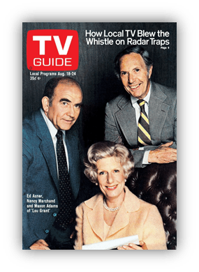 "TV Guide cover featuring Ed Asner, Nancy Marchand, and Mason Adams discussing local TV's role in exposing radar traps."