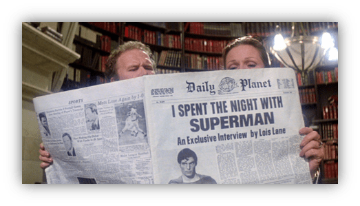 "Two characters reading the Daily Planet newspaper featuring the headline 'I Spent the Night with Superman'."