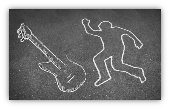 Chalk outline of a dancer next to an electric guitar on pavement.