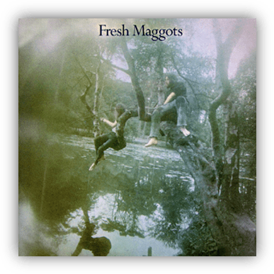 "Album cover of 'Fresh Maggots' featuring two figures sitting on a tree branch by a serene water body."