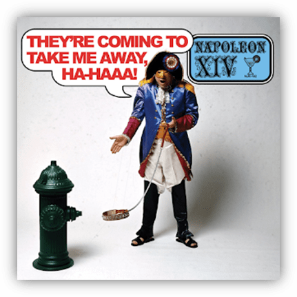 Album cover of Napoleon XIV's "They're Coming to Take Me Away, Ha-Haaa!" featuring a man in a colorful outfit next to a fire hydrant.