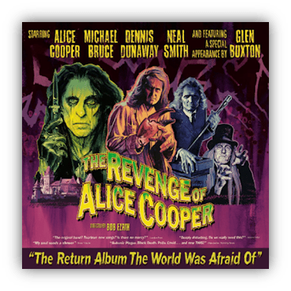 "Album cover for 'The Revenge of Alice Cooper' featuring iconic artwork and cast names."