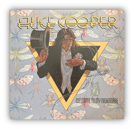 "Album cover of Alice Cooper's 'Welcome to My Nightmare' featuring a dramatic illustration of the artist in a suit with a top hat, surrounded by colorful insects."