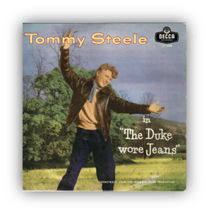 Album cover of Tommy Steele in "The Duke Wore Jeans" with a scenic background.