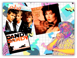 "Collage of iconic 80s album covers featuring a-ha, Kate Bush, and The Jesus and Mary Chain, with a colorful retro background."