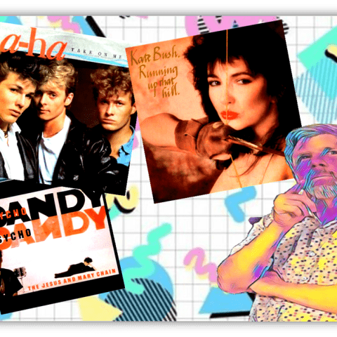 "Collage of iconic 80s album covers featuring a-ha, Kate Bush, and The Jesus and Mary Chain, with a colorful retro background."