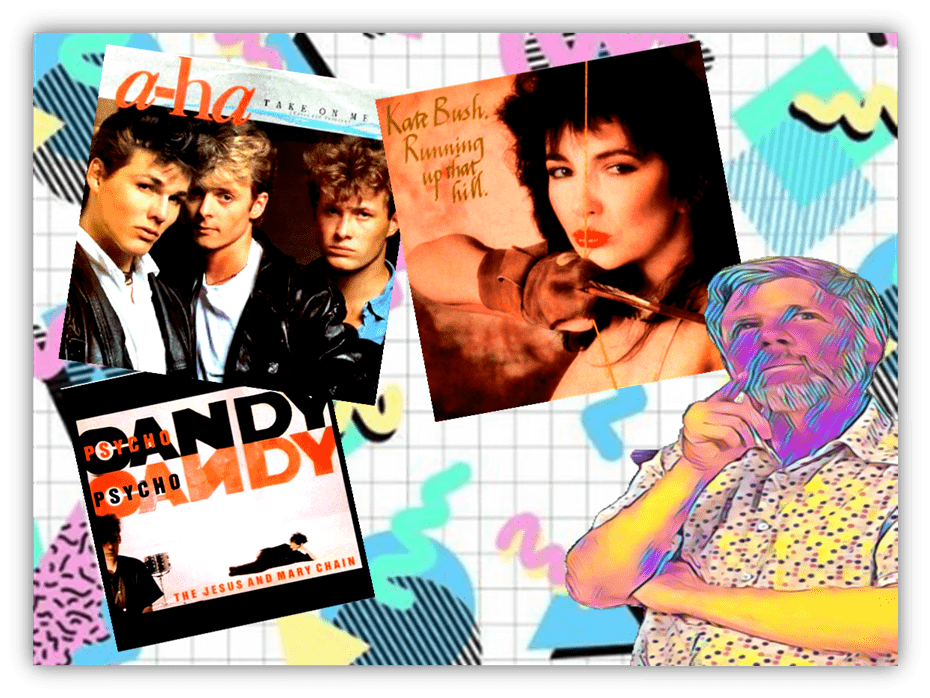 "Collage of iconic 80s album covers featuring a-ha, Kate Bush, and The Jesus and Mary Chain, with a colorful retro background."