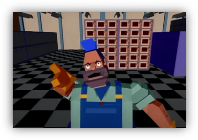 "Cartoon-style character in overalls gesturing in a colorful, retro-themed room."
