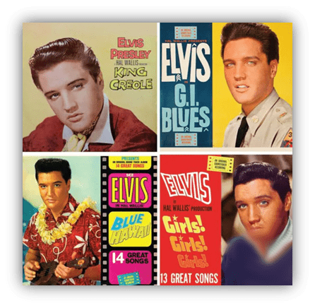 Collage of Elvis Presley album covers: "King Creole," "G.I. Blues," "Blue Hawaii," and "Girls! Girls! Girls!"