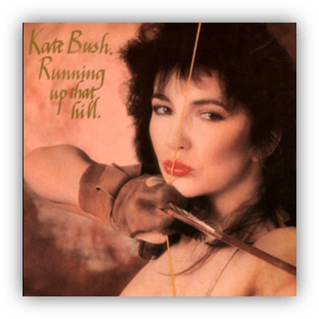 "Kate Bush album cover for 'Running Up That Hill' featuring a close-up of the artist with a bow."