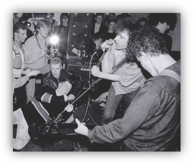 "Live punk concert scene with energetic performers and enthusiastic crowd."