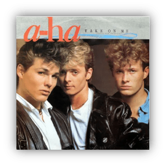 "Album cover of A-ha's 'Take On Me' featuring three band members."