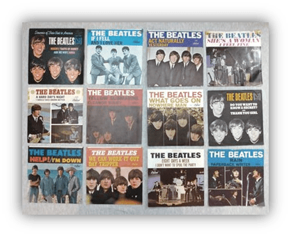 A collage of vintage Beatles record covers featuring iconic album titles and images.