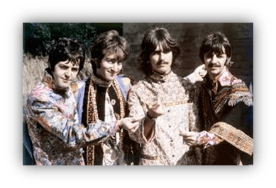 "The Beatles in colorful outfits, posing together in a 1960s setting."