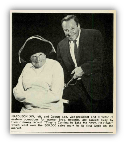 "Napoleon XIV and George Lee celebrate the success of the record 'They're Coming to Take Me Away, Ha-Haaa!' which sold over 500,000 copies in its first week."