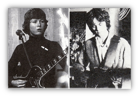 Two young musicians playing electric guitars in black and white photos.