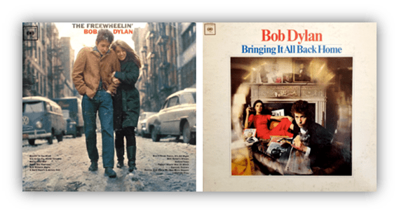 Album covers of Bob Dylan's "The Freewheelin'" and "Bringing It All Back Home."
