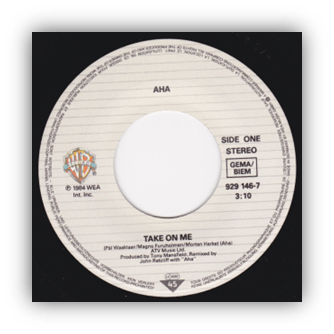 Alt text: "AHA 'Take On Me' vinyl record label, 1984, side one."