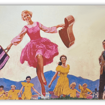 "Colorful vintage illustration of a joyful woman in a pink dress, holding a guitar and a suitcase, surrounded by smiling friends in yellow dresses."