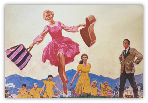 "Colorful vintage illustration of a joyful woman in a pink dress, holding a guitar and a suitcase, surrounded by smiling friends in yellow dresses."