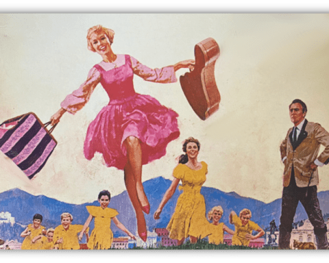 "Colorful vintage illustration of a joyful woman in a pink dress, holding a guitar and a suitcase, surrounded by smiling friends in yellow dresses."