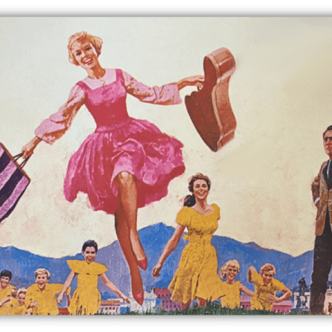 "Colorful vintage illustration of a joyful woman in a pink dress, holding a guitar and a suitcase, surrounded by smiling friends in yellow dresses."