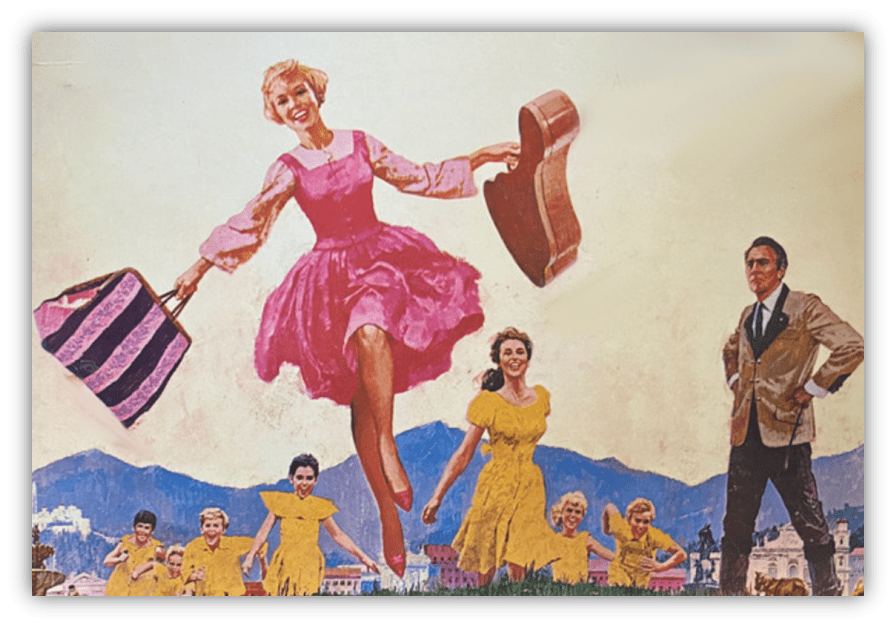 "Colorful vintage illustration of a joyful woman in a pink dress, holding a guitar and a suitcase, surrounded by smiling friends in yellow dresses."