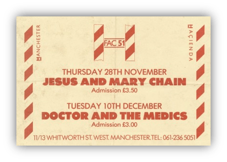 "Vintage concert flyer for Jesus and Mary Chain and Doctor and the Medics at FAC 51 Hacienda, Manchester."