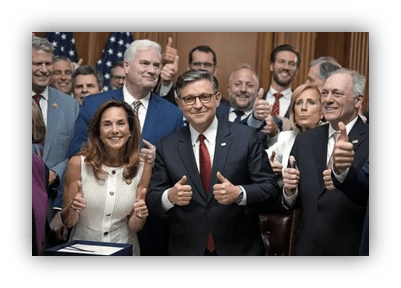 Group of politicians giving thumbs up in a celebratory setting.