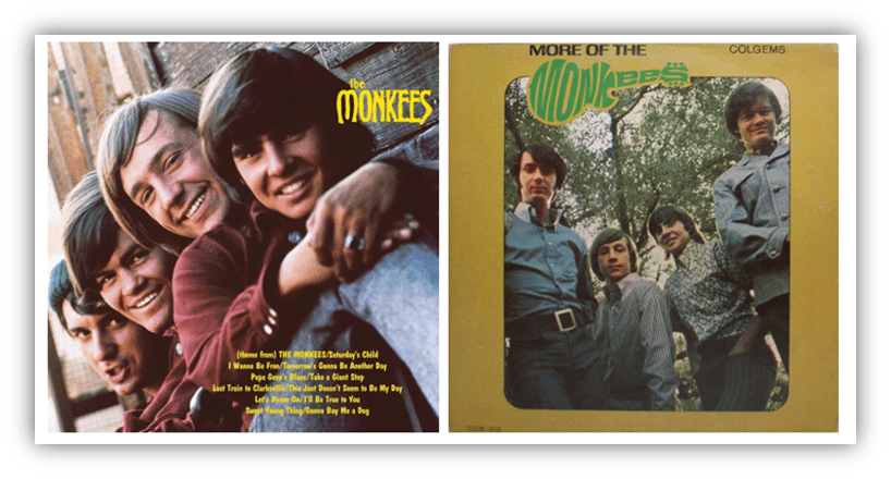 "Album covers of The Monkees featuring band members and track listings."