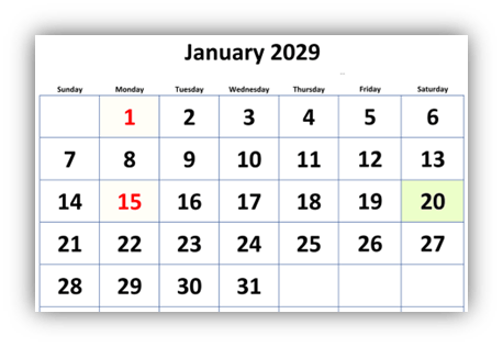 "January 2029 calendar with highlighted dates."