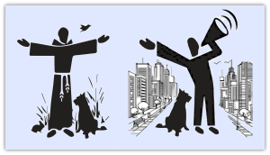 "Silhouette art depicting a figure with arms raised, surrounded by nature on one side and a cityscape with a megaphone on the other."