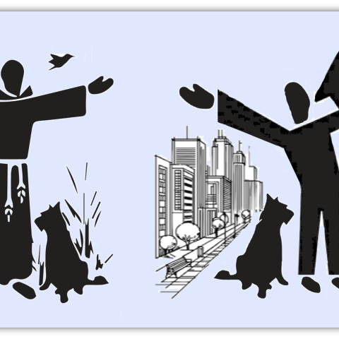 "Silhouette art depicting a figure with arms raised, surrounded by nature on one side and a cityscape with a megaphone on the other."