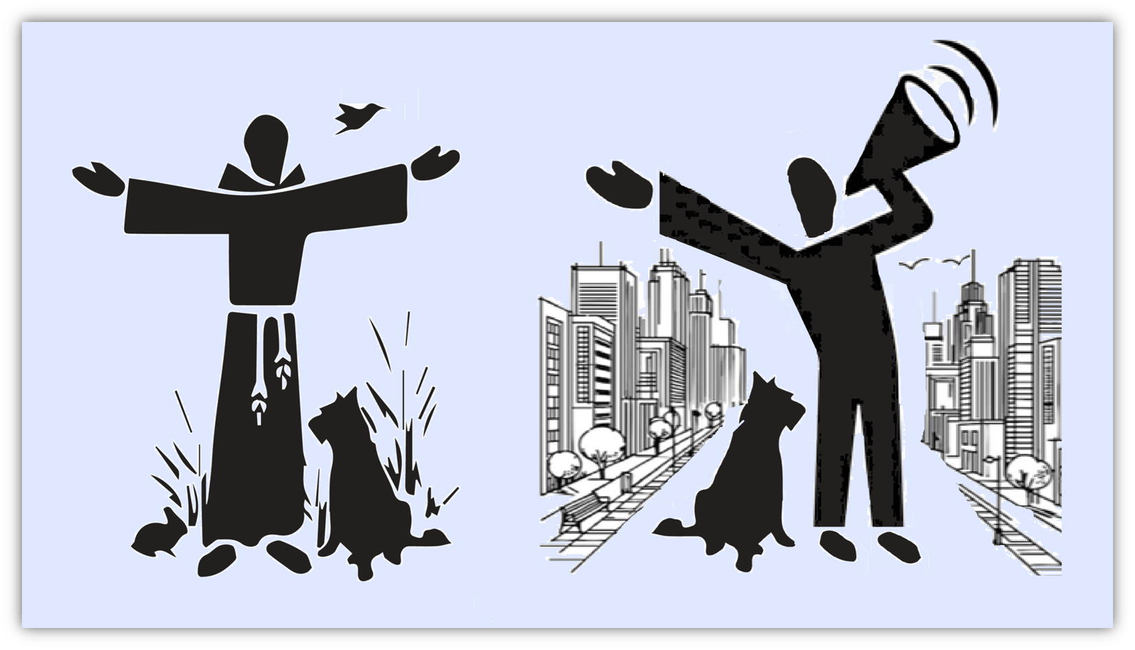 "Silhouette art depicting a figure with arms raised, surrounded by nature on one side and a cityscape with a megaphone on the other."