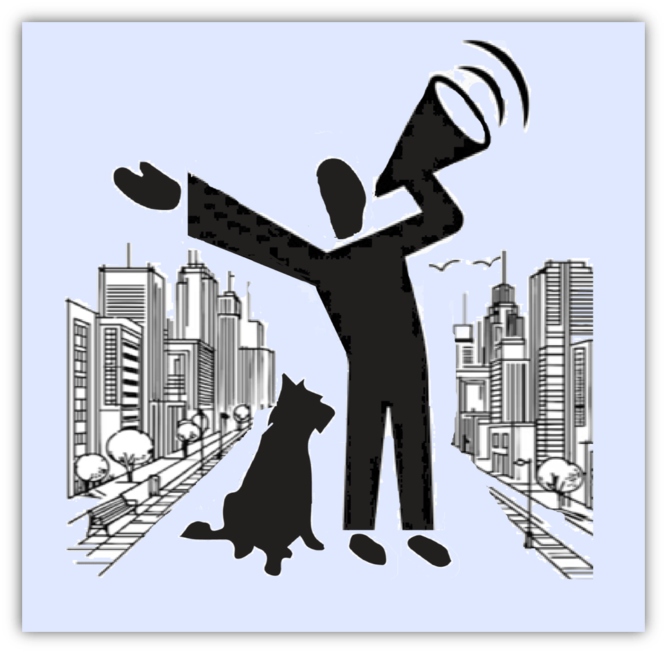 "Silhouette of a person with a megaphone and a dog in a cityscape."