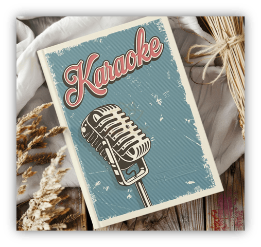 "Vintage karaoke songbook with a retro microphone design."
