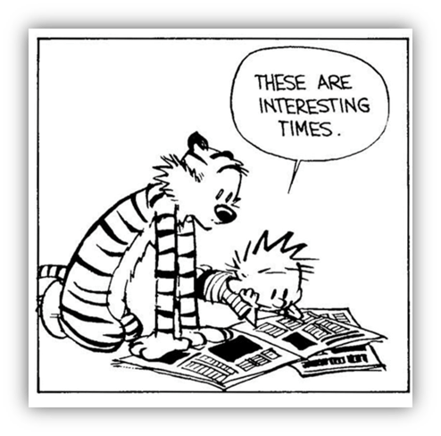 "Calvin and Hobbes reading a newspaper comic, discussing 'interesting times.'"