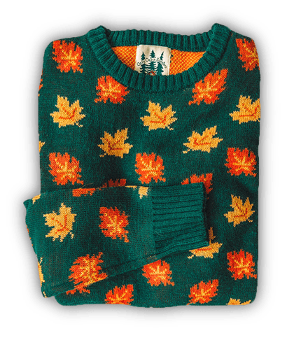 Cozy green sweater with colorful autumn leaf pattern.