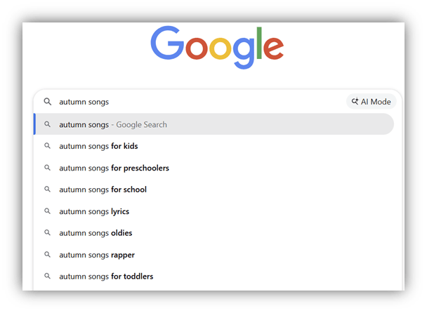 "Google search suggestions for autumn songs."