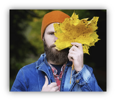 Man with a beard holding a large yellow leaf, wearing an orange beanie and denim jacket.