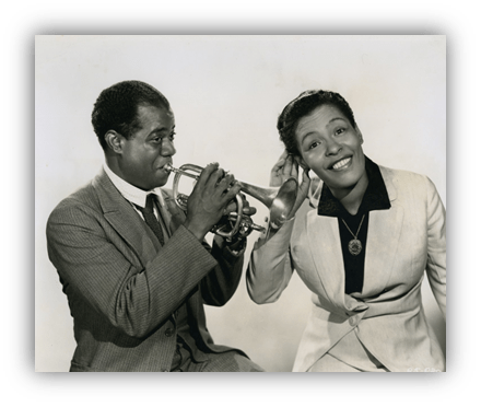 "Historic black-and-white photo of a man playing trumpet and a woman smiling in elegant attire."