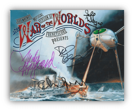 "Signed promotional artwork for Jeff Wayne's musical version of 'The War of the Worlds' featuring a spaceship and ocean scene."