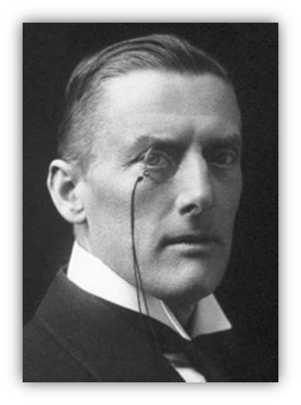 Black and white portrait of a man wearing a suit and monocle.