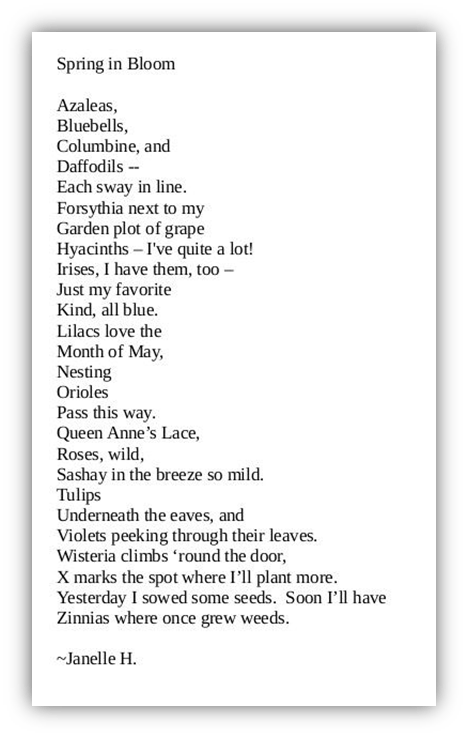 "Poem titled 'Spring in Bloom' by Janelle H. featuring various flowers and nature imagery."