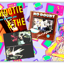 Colorful collage featuring album covers from Hootie & The Blowfish, No Doubt, and Nick Cave, with a retro gaming background.