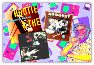 Colorful collage featuring album covers from Hootie & The Blowfish, No Doubt, and Nick Cave, with a retro gaming background.
