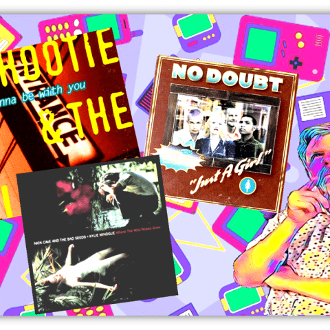 Colorful collage featuring album covers from Hootie & The Blowfish, No Doubt, and Nick Cave, with a retro gaming background.