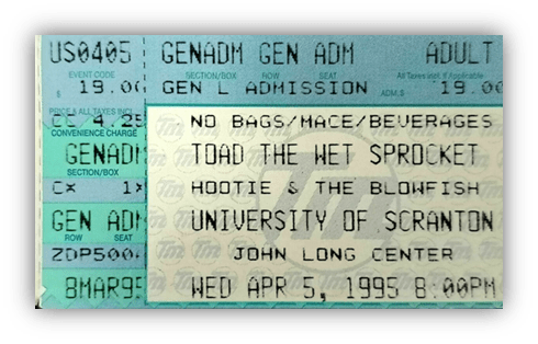 "1995 concert ticket for Toad the Wet Sprocket and Hootie & the Blowfish at the University of Scranton."